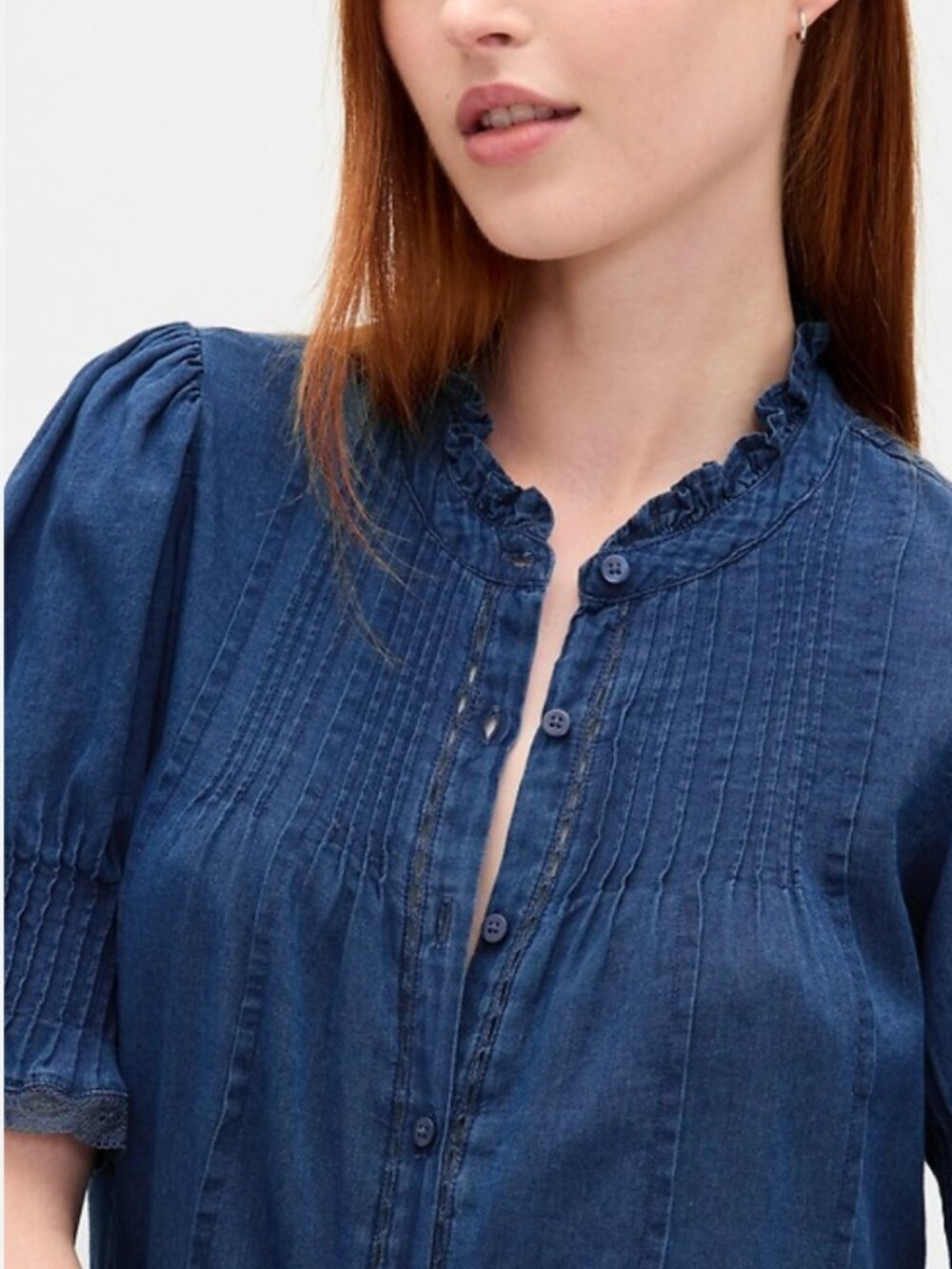 NWOT - GAP Indigo Ruffle Pintuck Shirt - Picture 2 of 5